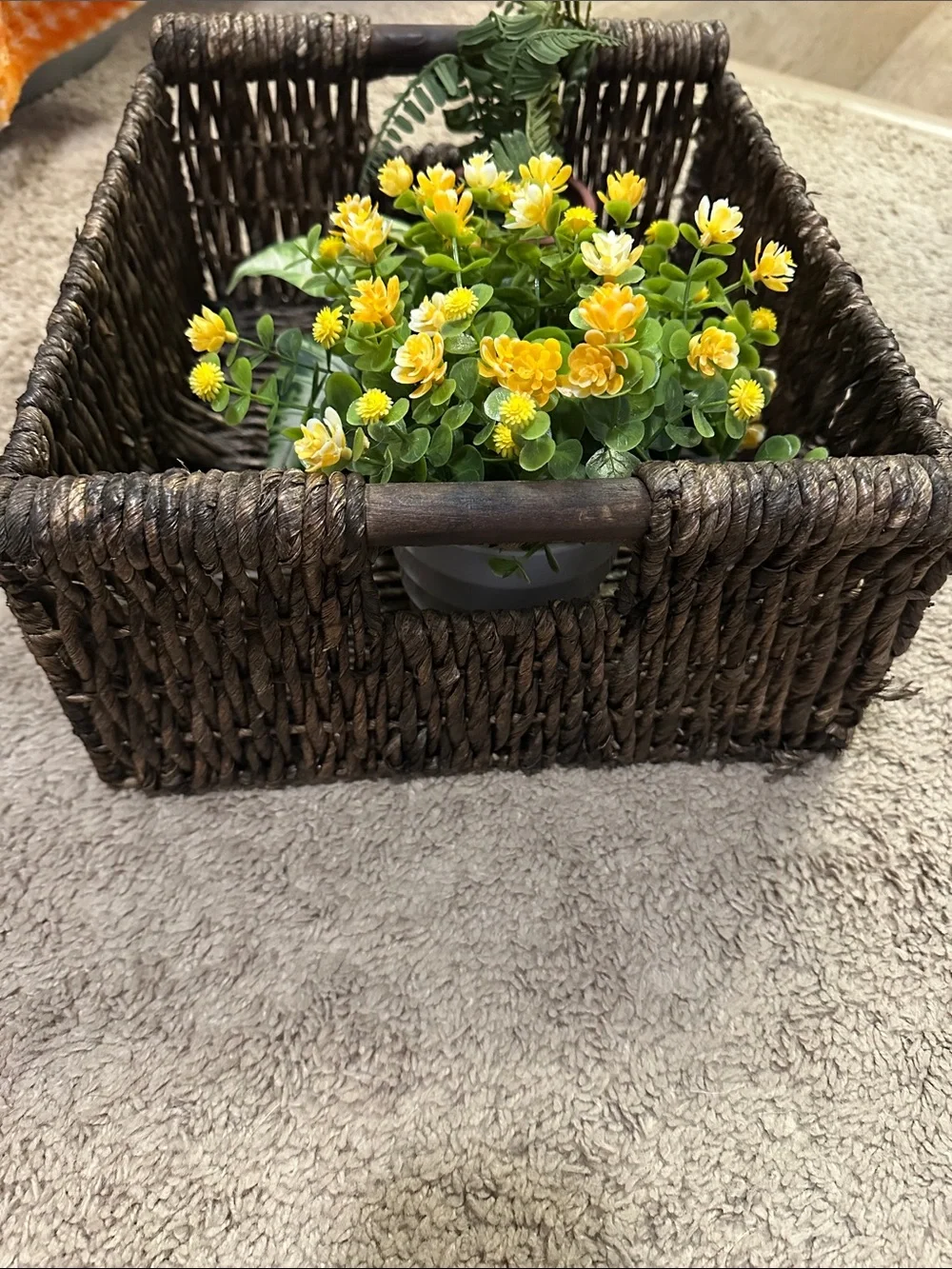 Woven Storage Basket and Faux Plants